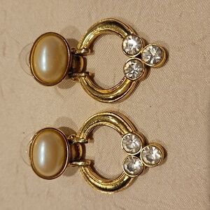 RICHELIEU Vintage Faux Pearl, Rhinestone & Gold Tone Pierced Earrings.